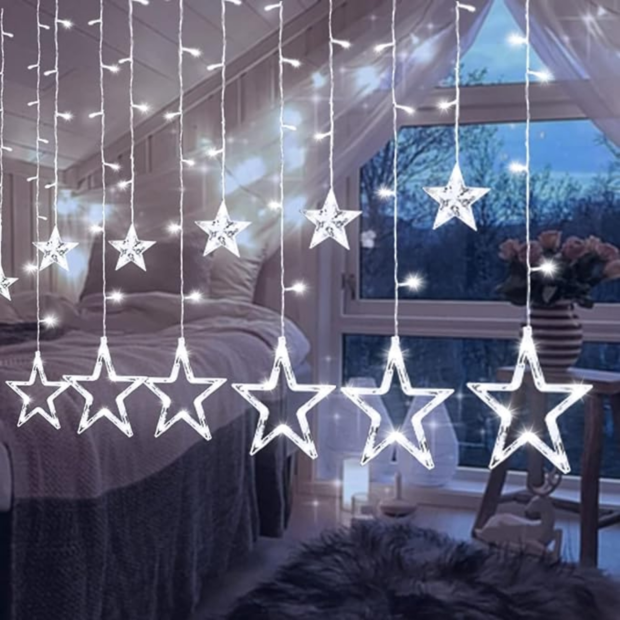 Elegani 138 LED Star Curtain Light – White Hanging String Lights with 12 Stars, 8 Lighting Modes