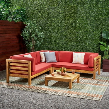 Frankie Outdoor 5 Seater V Shaped Mid-Century Modern Acacia Wood Sectional Sofa Set with Coffee Table, Teak and Red