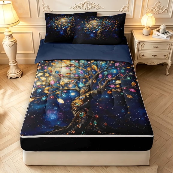 Homewish Watercolor Nature Tree Zipper Twin Comforter Sets with Fitted Sheet and 2 Pillowcases,Navy Stars Galaxy Zipper Bedding Set,Navy Blue Reversible,4pcs