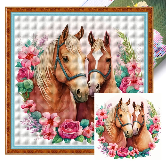 Hilo Algodón Bordado Punto Cruz Impreso 18CT Pareja Caballos 30x30cm