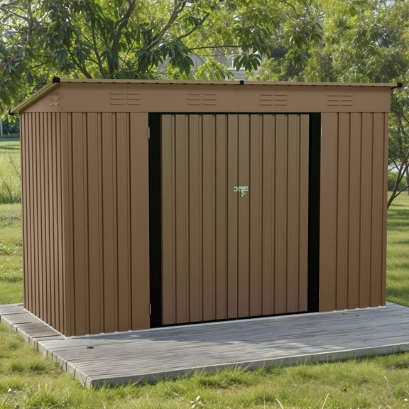 ModFusion 9.1x4.2 ft Storage Shed with Lockable 2 Door, Air Vent , Heavy Duty Metal, Outdoor Utility Tool House Cabinet, Garden Accessories, Brown