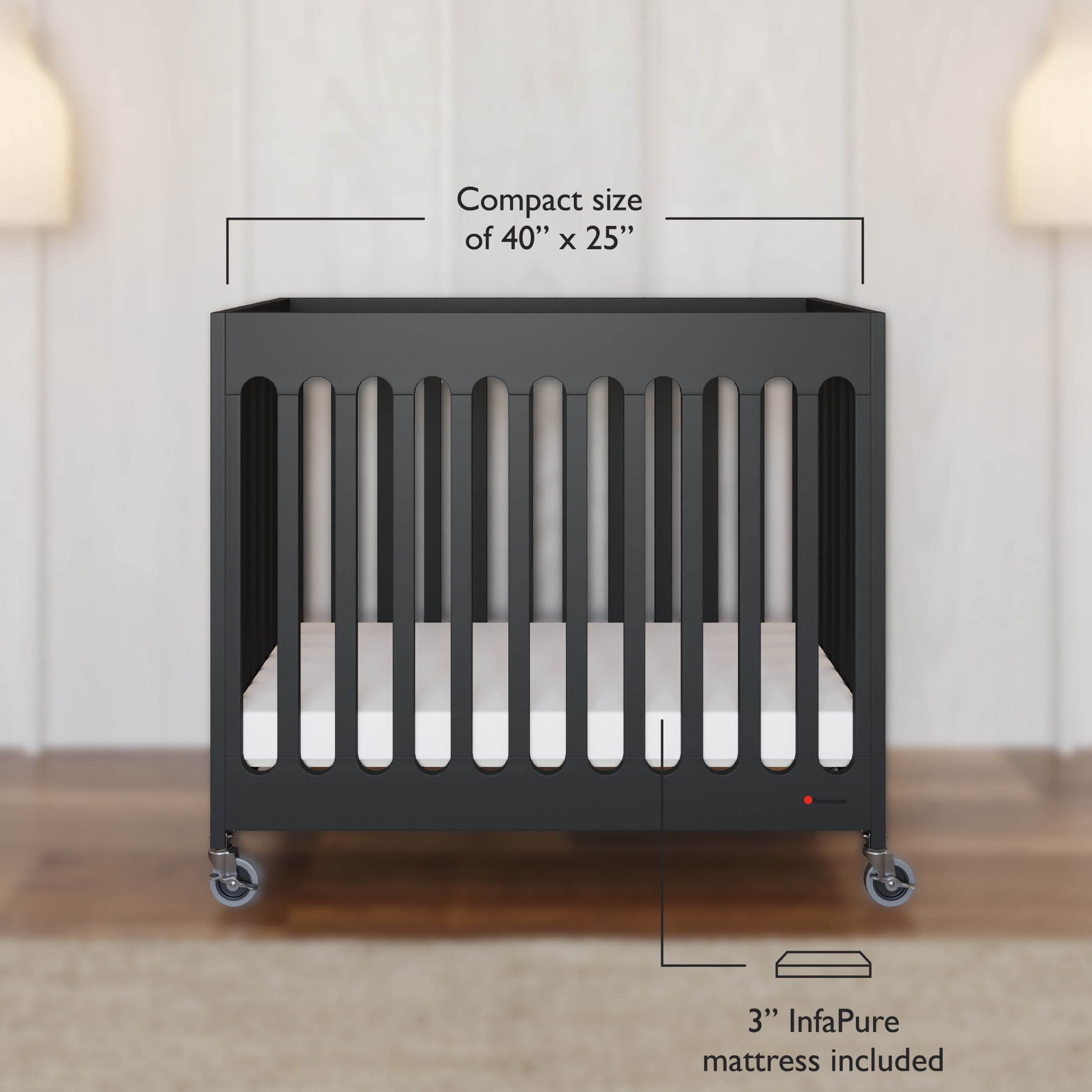 Foundations Boutique Folding Hotel Crib and Sheet Bundle - Includes Wooden Mini Crib with 3" Foam Mattress (Ebony) and 6-Pack White Fitted Compact Crib Sheets