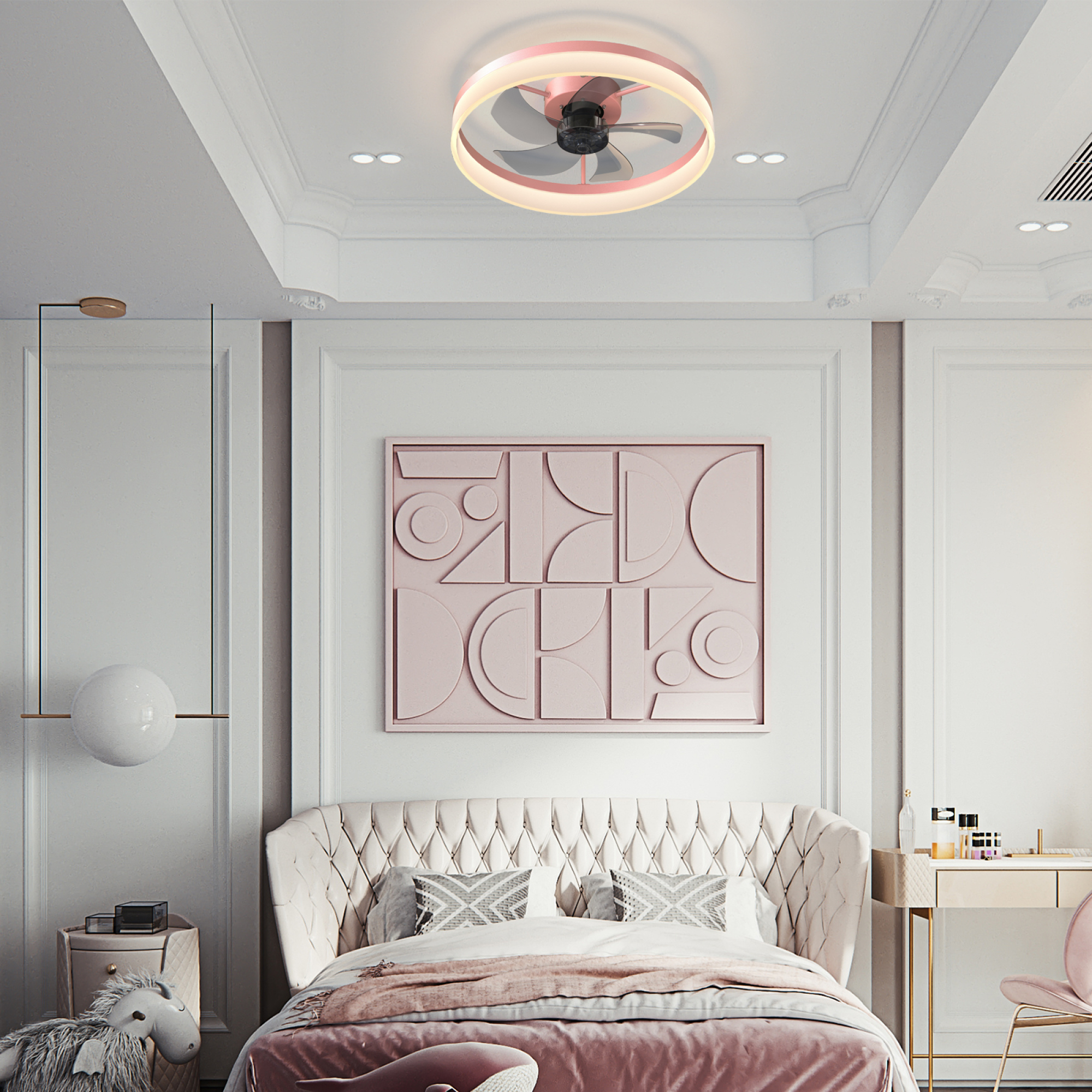 Leumius Ceiling Fans with Lights Dimmable LED Embedded Installation of Thin Modern Ceiling Fans or Bedroom, Kids Room, Study Room Pink