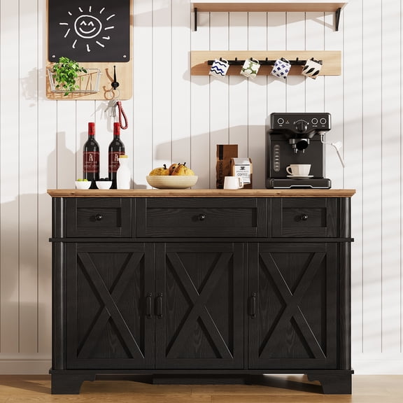Farmhouse Buffet Cabinet with Storage, Black Sideboard Buffet Cabinet with Adjustable Shelves & 3 Drawers, Buffet Table Coffee Bar Wine Bar Storage for Kitchen & Living Room, 47 Inch