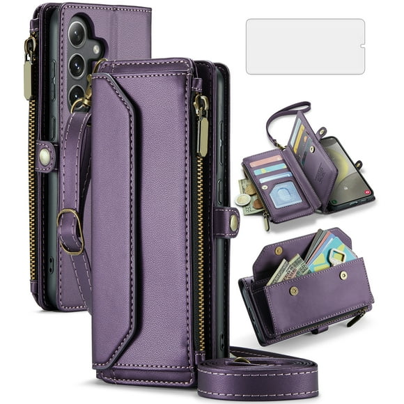 Asuwish Zipper Wallet Phone Case for Samsung Galaxy S24 Plus S24+ 5G Tempered Glass Screen Protector Crossbody Lanyard Strap Flip Card Holder Slot Cell Cover S24 Plus 24S + S 24+ Women Men Purple