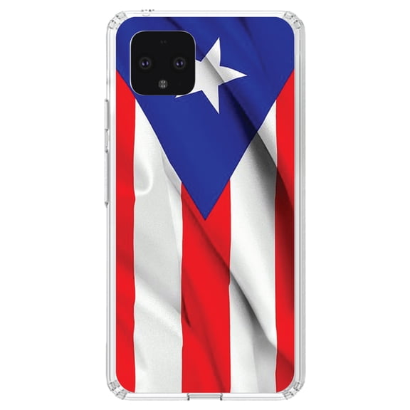 DistinctInk Clear Shockproof Hybrid Case for Google Pixel 4 XL (6.3" Screen) - TPU Bumper, Acrylic Back, Tempered Glass Screen Protector - Red White Blue Puerto Rico Flag