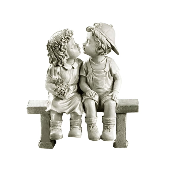 XIBUFE 2026 New Stone Effect Kissing Kids Garden Statue Outdoor Decor Boy Girl Ornament Bench, for Garden, Yard, Patio, Lawn, Outdoor Spaces