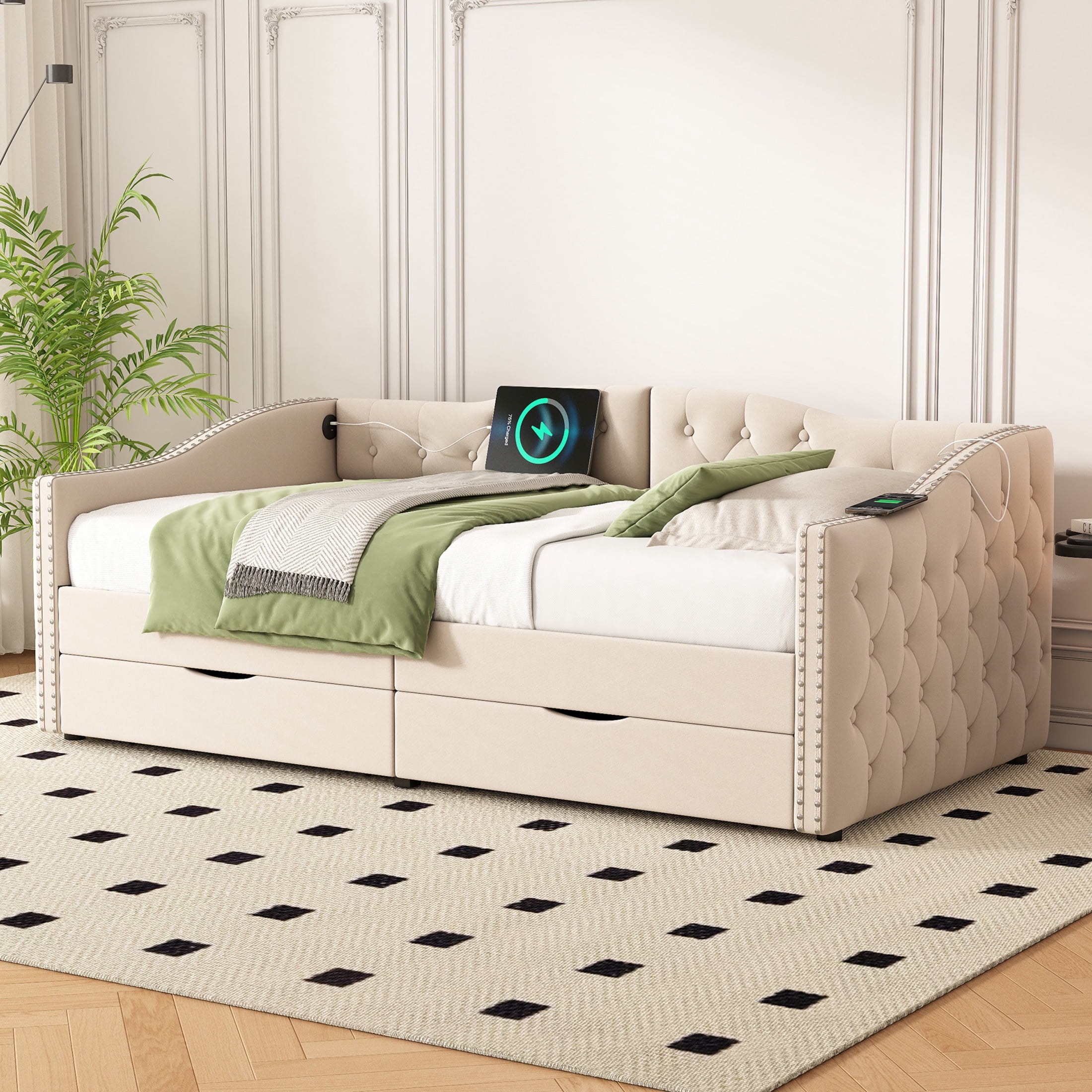 Noble House Foster 71" Twin Upholstered Daybed, Linen Button Tufted Sofa Bed with 2 Storage Drawers & USB, Beige
