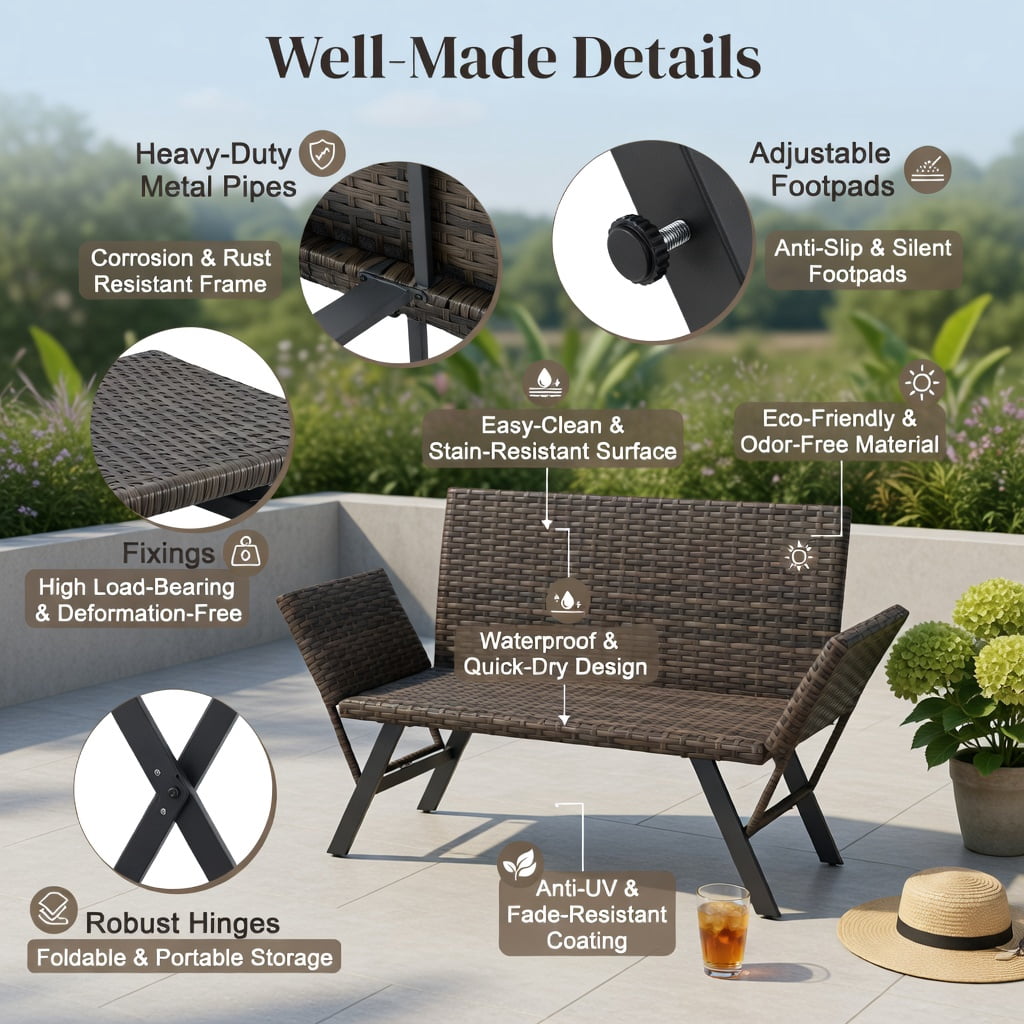 Hommoo Convertible Patio Loveseat Sofa, 2-Person Rattan Outdoor Sofa with Adjustable Armrests, Quick-Dry Foam Cushions, Heavy-Duty Metal Frame, Natural
