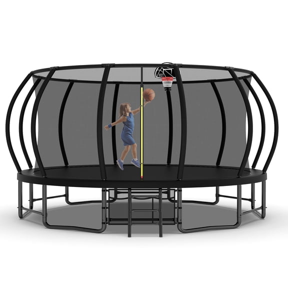 Leumius 16FT Trampoline for Kids and Adults,Outdoor Pumpkin Trampolines with Curved Poles,Heavy Duty Recreational Trampoline with Ladder and Basketball Hoop,Black