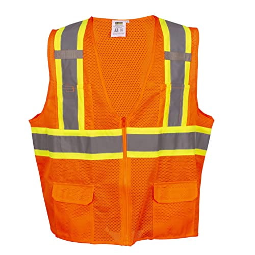 10-Pack of Cordova VS272PS Type R, Class II, Orange Mesh Surveyors Vest, Zipper Closure, Two-Tone Contrasting Reflective Tape, Multiple Pockets, Two Inside Lower, Mic Tabs, Small