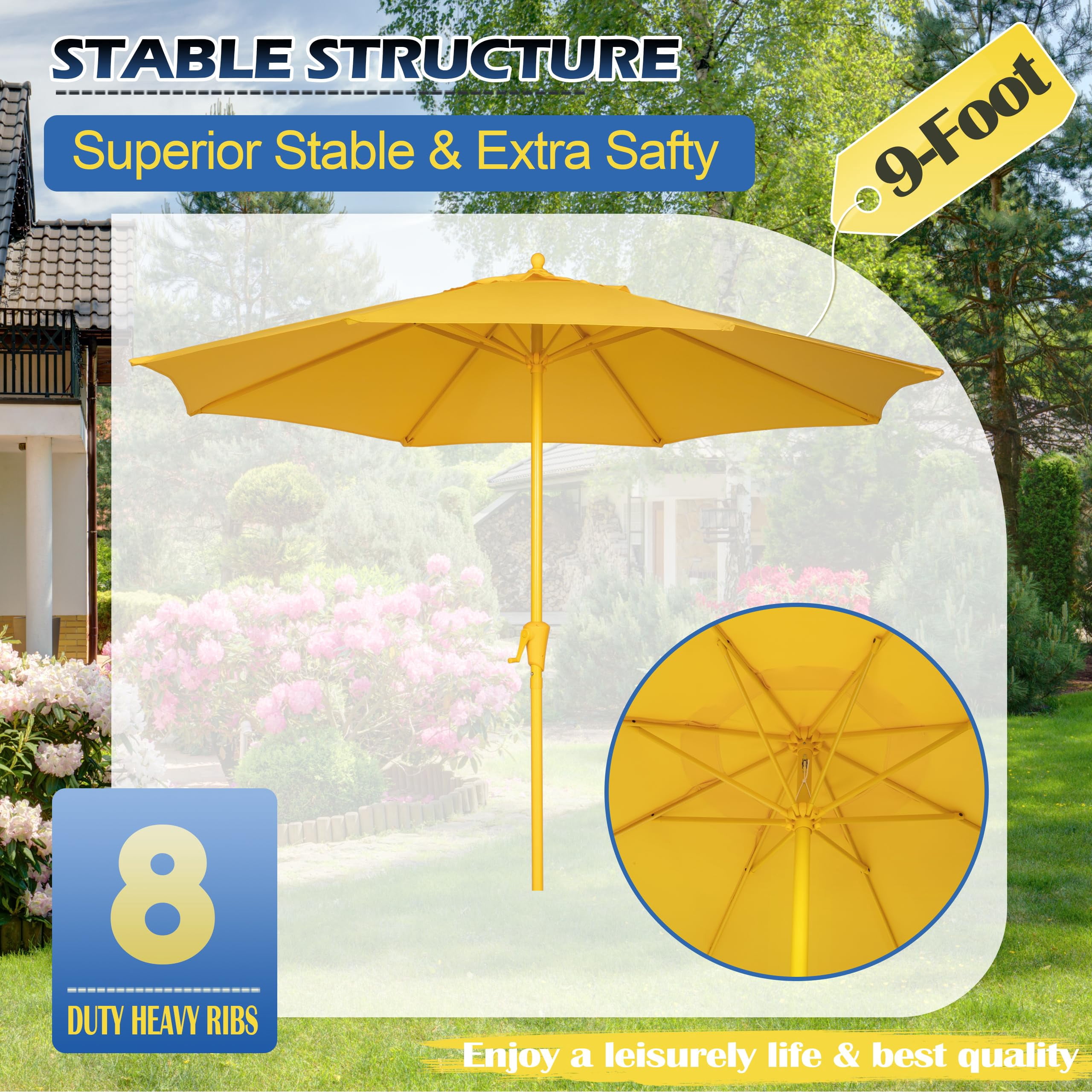 Bibana 9FT Outdoor Patio Umbrella, Market Table Umbrella with 8 Sturdy Ribs & Easy Crank System, Fade-Resistant Waterproof Canopy with Air Vent for Garden, Deck, Poolside & Backyard (Yellow)