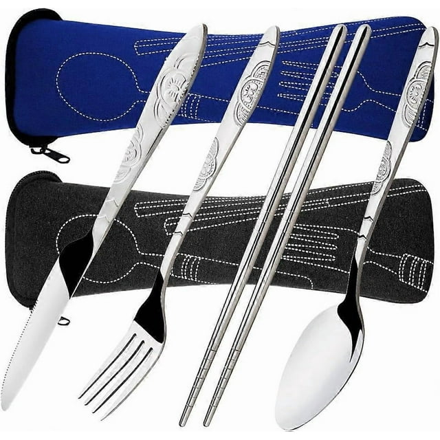 Assorted Stainless Steel Cutlery Set, 2 Packs 8 Piece Cutlery Set Include Knife Fork Spoon Chopsticks, with Protective Carrying Case - Black, Dark Blu
