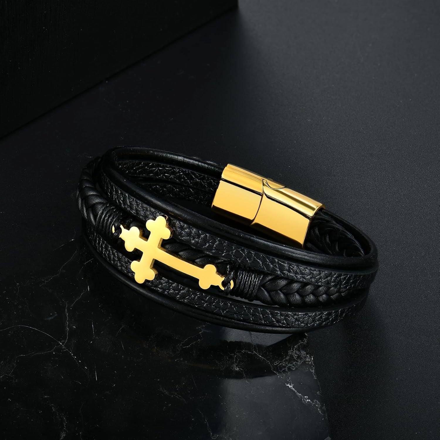 Mens Leather Cross Bracelet Multi-Layer Braided Faith Bracelet Religious Wristband Father's Day Birthday Jewelry Gifts for Men 8.5" Stainless Steel Buckle Bangle