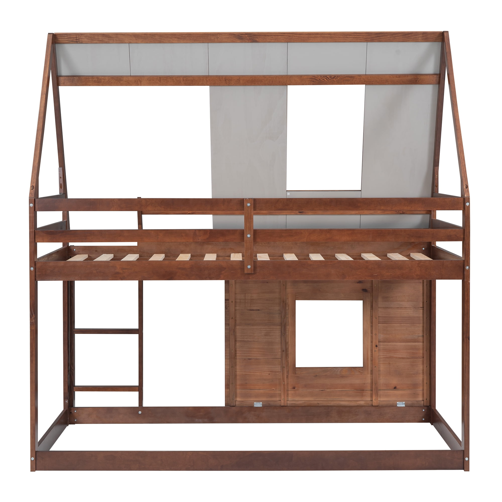 EUROCO Twin over Twin House Bunk Bed with Roof for Kids Teens Bedroom, Grey