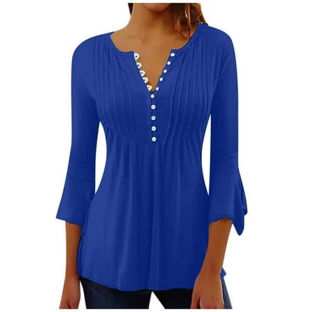 POTETI Womens Shirts Autumn Winter Casual Trumpet 3/4 Sleeve Buttoned Basic Ruched Corset Tunic Pleated T-shirts Blouses Blue Blouse for Women Plus Size