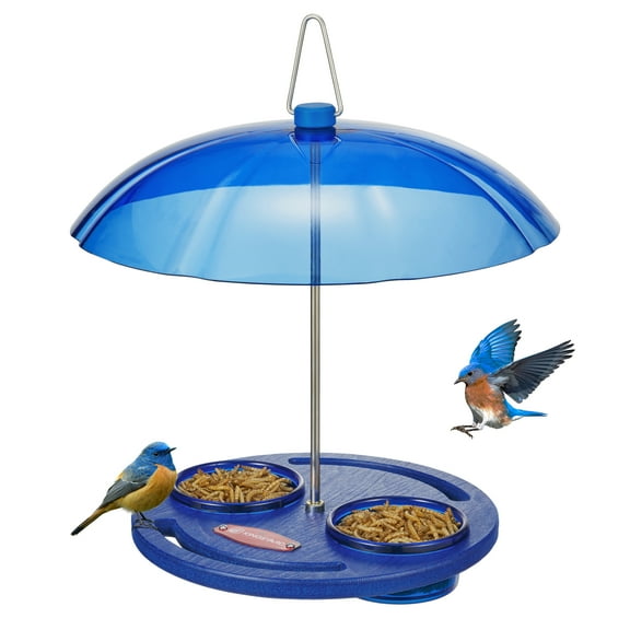 Kingsyard Bluebird Feeders for Outdoors Hanging, Recycled Plastic Platform Mealworm Bird Feeder with Dome Top, Weather Proof, Easy to Refill & Clean (Blue)