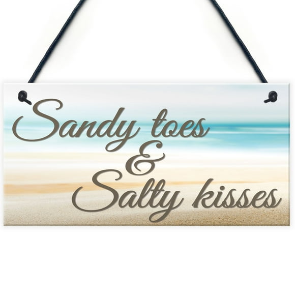 RED OCEAN Sandy Toes & Salty Kisses Nautical Seaside Theme Hanging Plaque Bathroom Bedroom Beach Sign