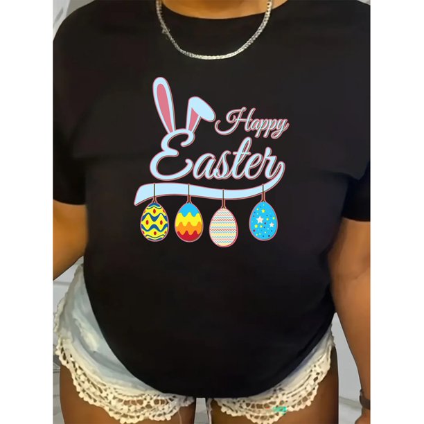 Happy Easter Bunny & Eggs Graphic T-Shirt for Women - Casual Knit Fabric, All-Season, Round Neck