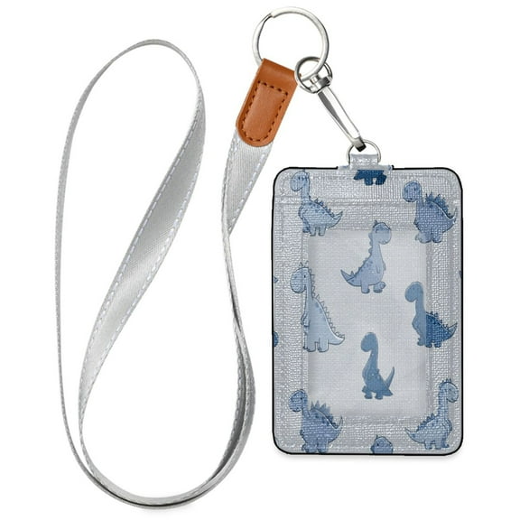 PU Leather ID Badge Holder Stylish Badge Holders with Lanyard (4.3x2.8x0.3in) for Cards & Credentials Cute Blue Dinosaurs