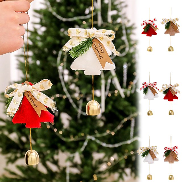 Decoración de campanas colgantes para árbol de Navidad | Timbre colgante de pelusa y metal | Blanco, tinto, café | Adorno de campanilla de viento de 3,35 pulgadas | Lazo de cinta festiva | Sonido