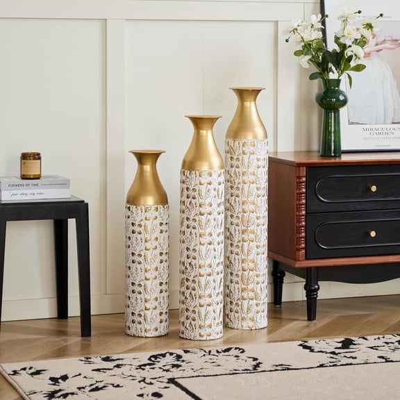 Olurrisa 3-Piece Modern Metal Droplet Vase Set – Gold & White Glazed Floor Decor with Polished Hammered Finish, Contemporary Home Vases for Living Room & Entryway