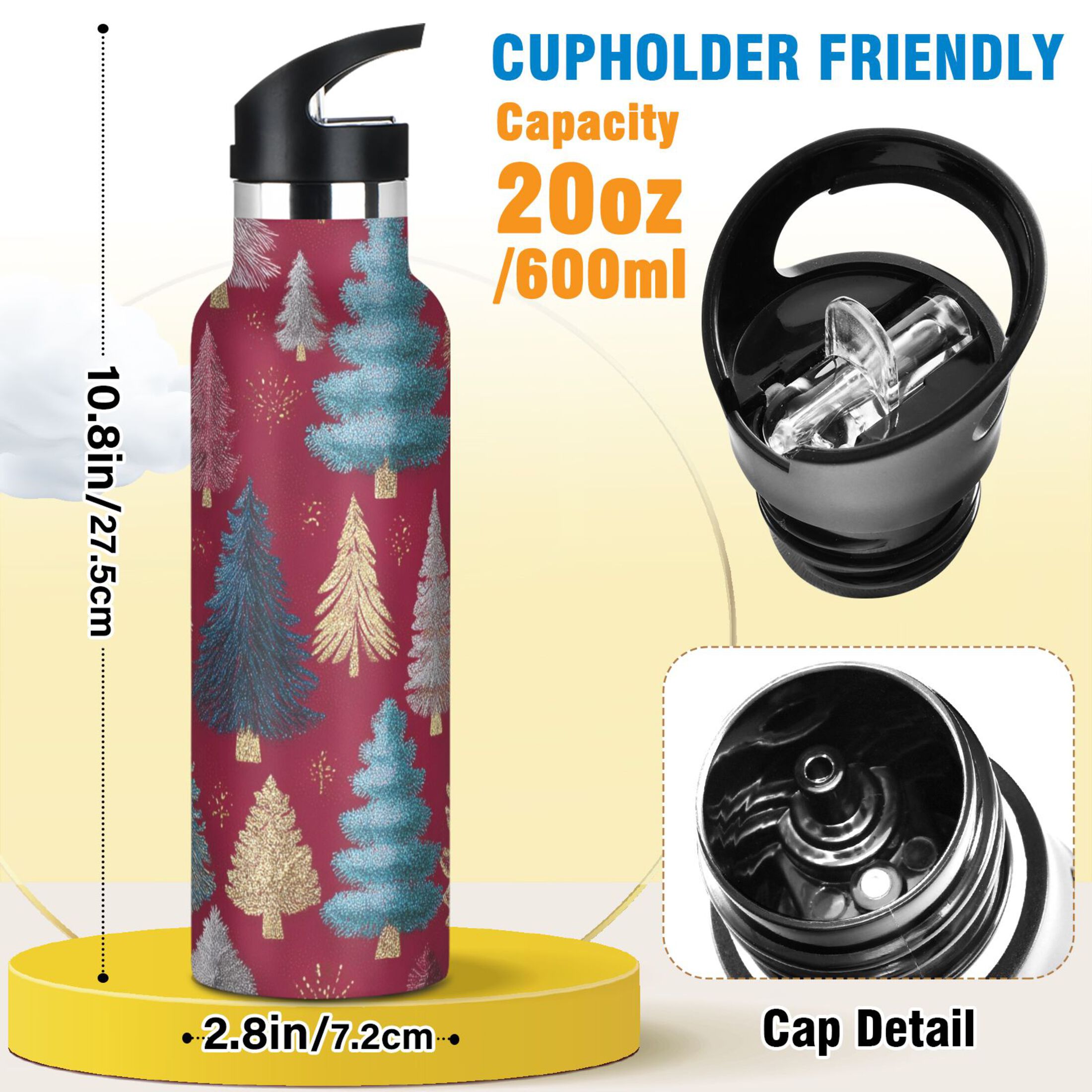 Kids Insulated Stainless Steel Sports Water Bottle 600ml (20oz) Stylized Christmas Trees