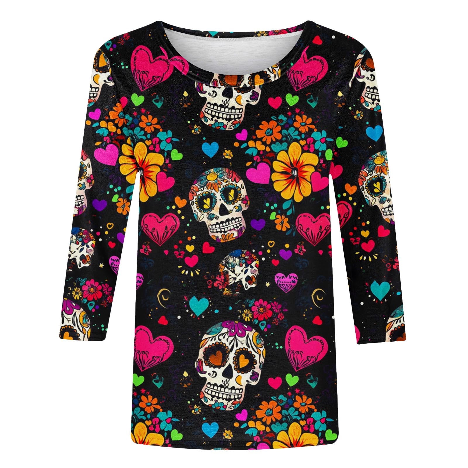 Women's Day of The Dead Print T-Shirt Crew Neck 3/4 Sleeve Loose Fit Mexican Skull Tee