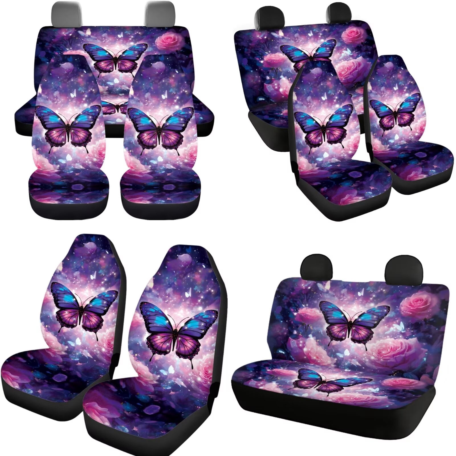 Jeiento Galaxy Sky Butterfly 11 Pack Car Seat Covers Set for Women Men, with Headrest Covers Keychain Coasters Gear Shift Knob Cover Handbrake Cover Universal Fit for SUV Truck Van