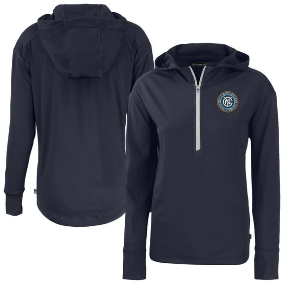 Women's-Cutter & Buck  Navy New York City FC Daybreak Eco Recycled Half-Zip Hoodie