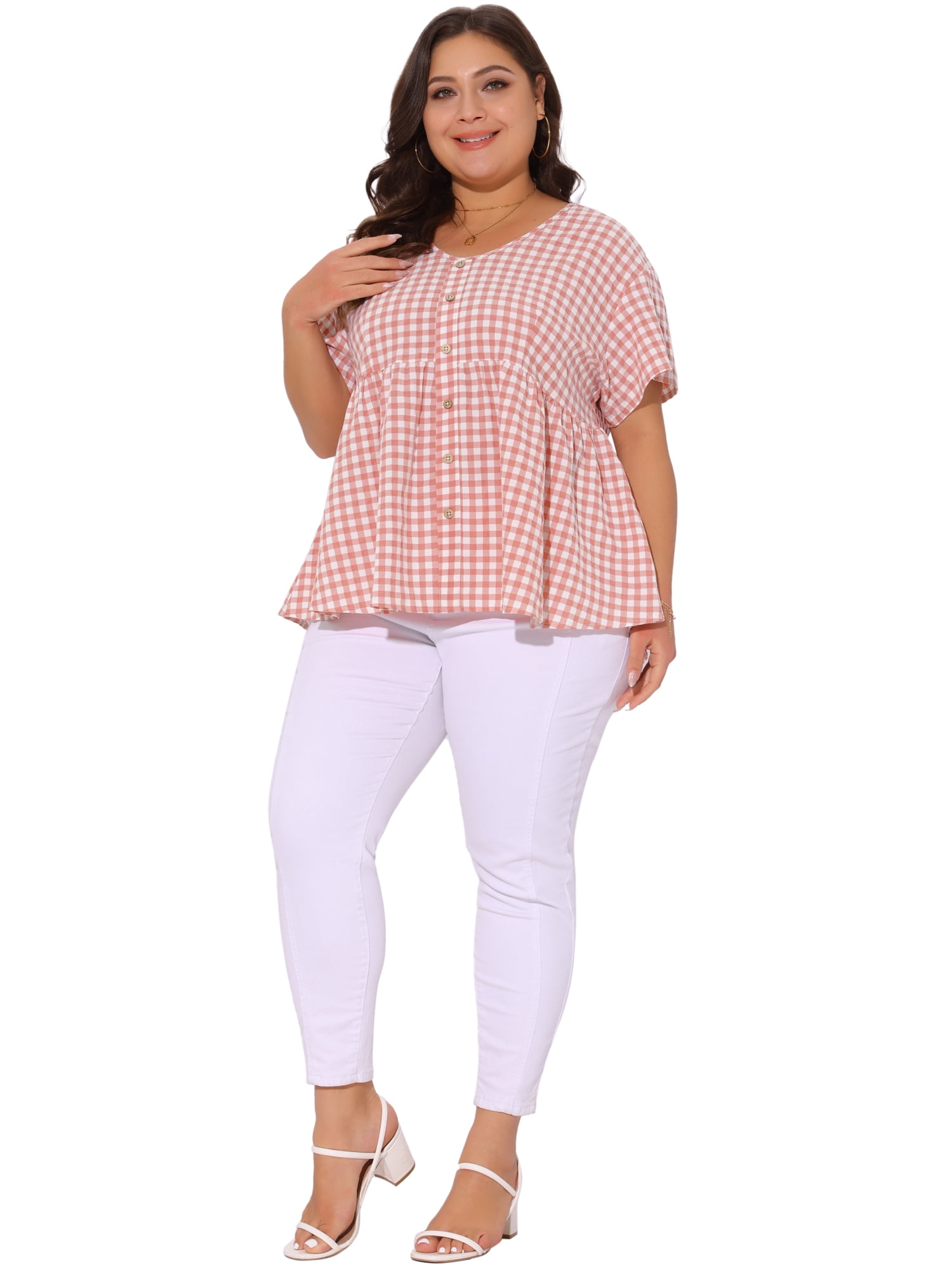 Women's Plus Gingham Tops Plaid Short Sleeve V Neck Summer Babydoll Top 2X Pink