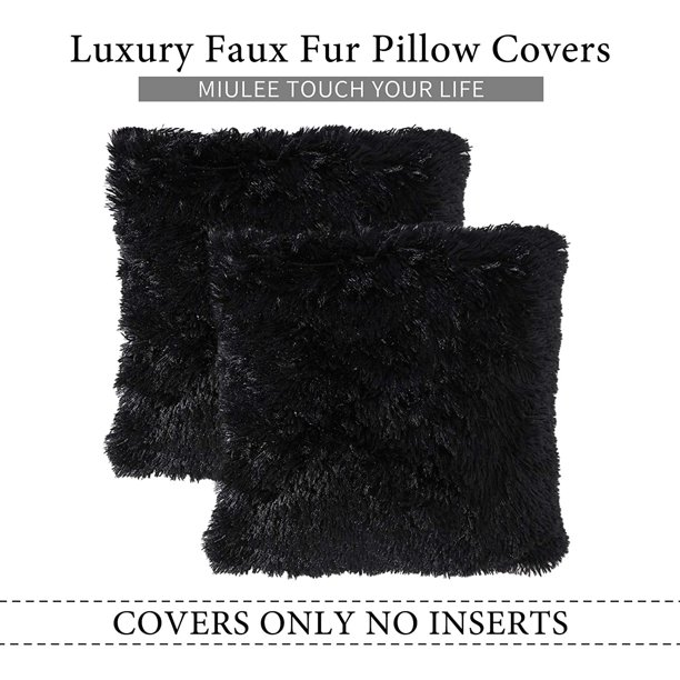 Lot De 2 Taies D'oreiller Carrées Fausse Fourrure Noire 18x18 Pouces - Neuves