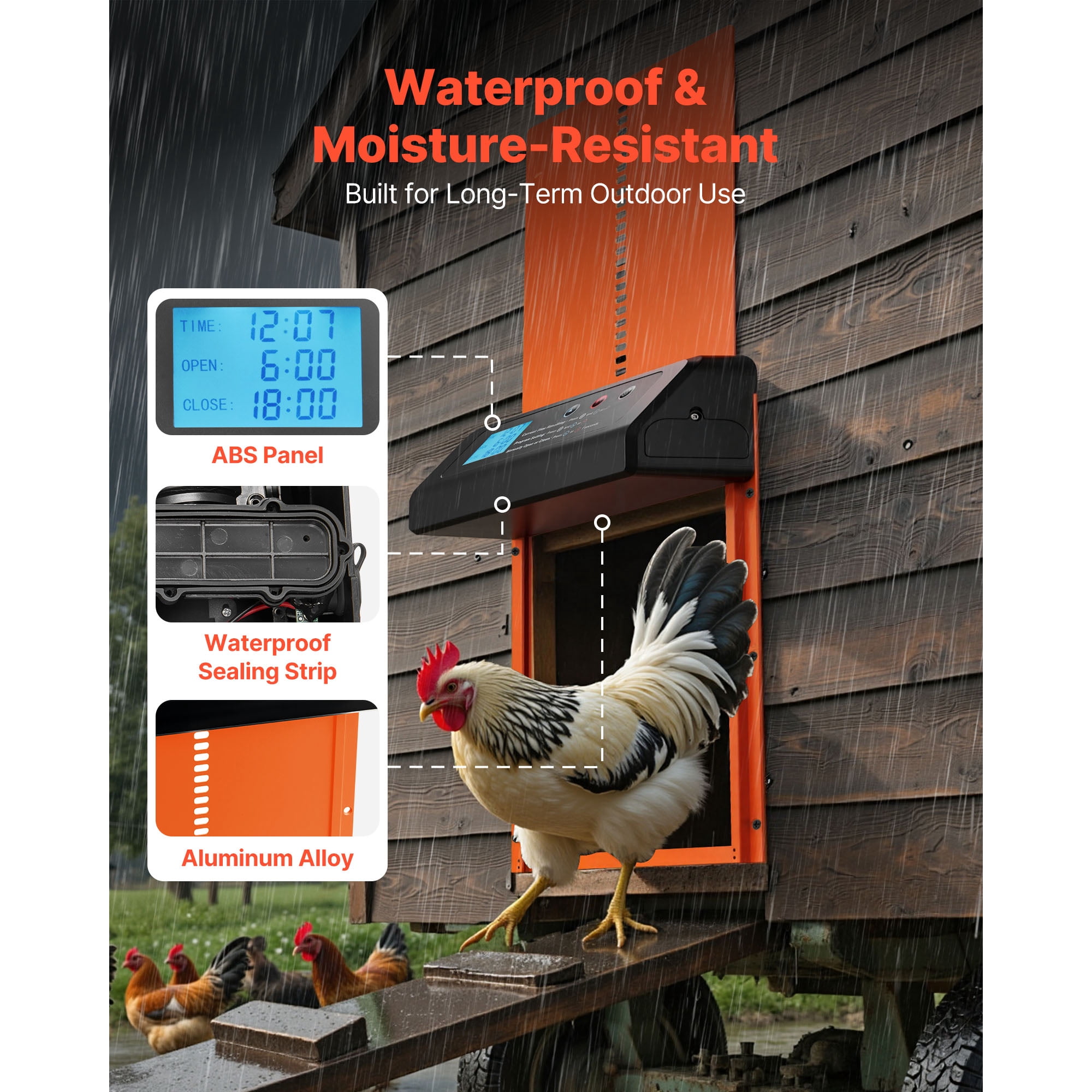KFFKFF Automatic Chicken Coop Door, Battery-Operated with Timer and Manual Controls, Anti-Pinch Design, Sturdy Aluminum Build, Waterproof Seal, Orange