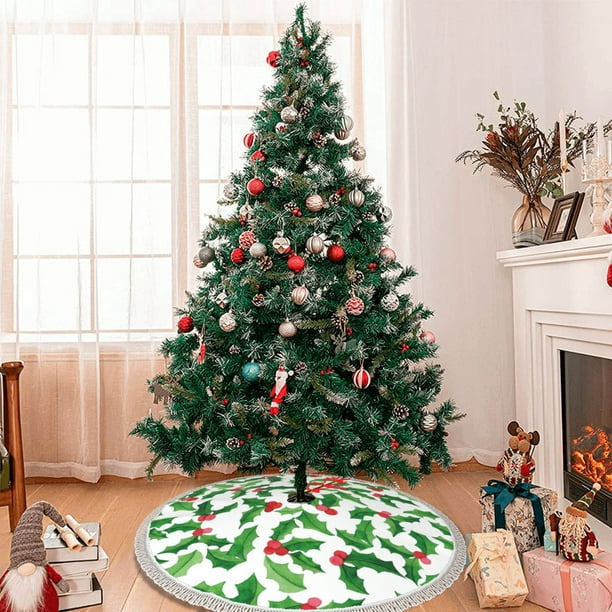 YFYANG 36 Christmas Tree Skirt with Tassel Trim, Green Watercolor  Christmas Holly Floor Mats for Christmas New Year Holiday Party Home  Decoration