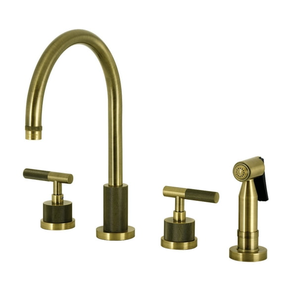 Kingston Brass KS8723KNLBS Convergent Double-Handle 4-Hole Widespread Kitchen Faucet with Knurled Handle 4-Hole and Brass Sprayer in Antique Brass