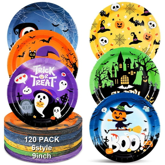 Spooktacular 120 Count Round Paper Plates for Halloween Celebrations Featuring Ghosts, Pumpkins, and Spider Webs - Perfect for Party Decorations and Supplies, 9 Inches