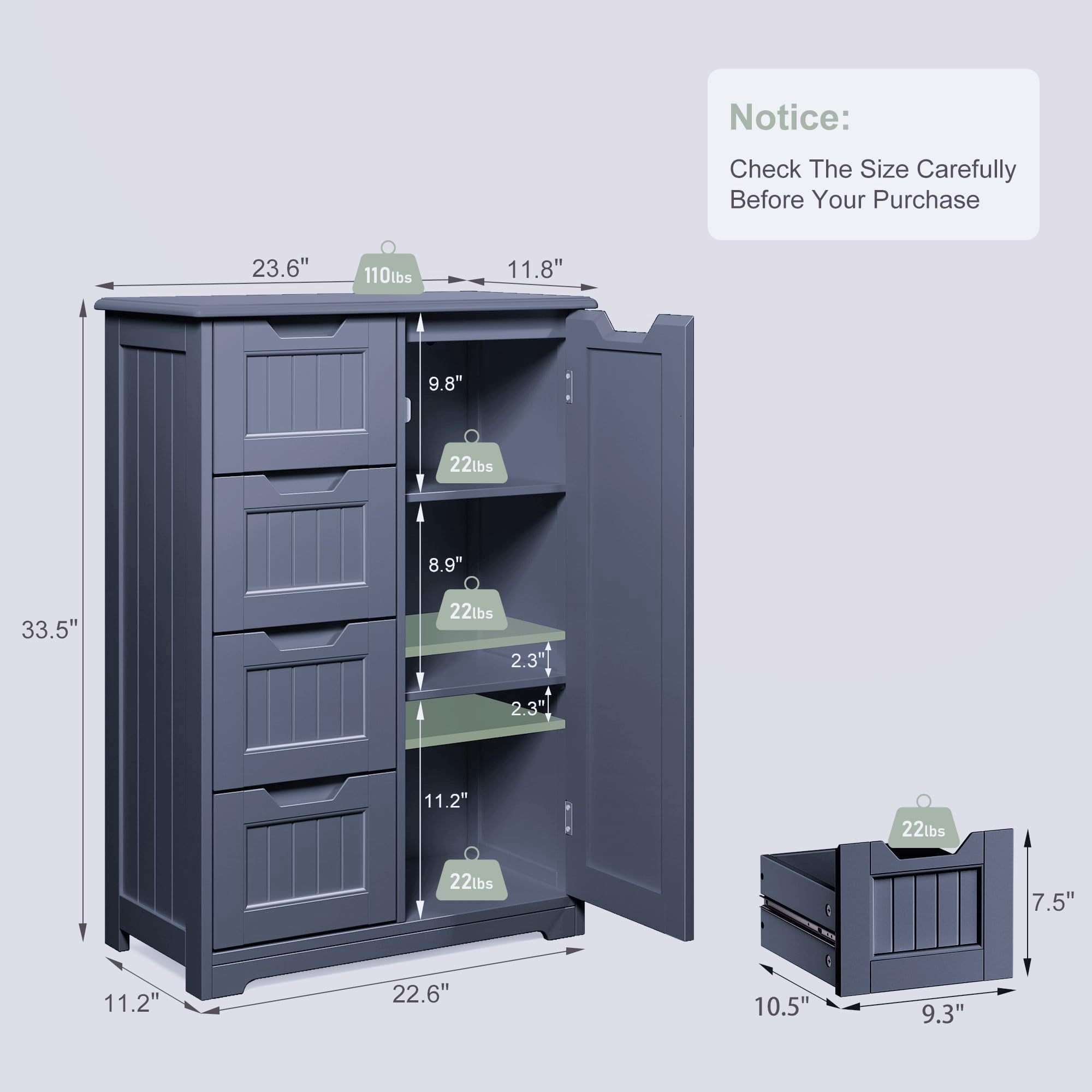 Aiho 33" Freestanding Pantry Cabinet with Door, Shelves & 4 Drawers - Kitchen & Dining Storage, Gray