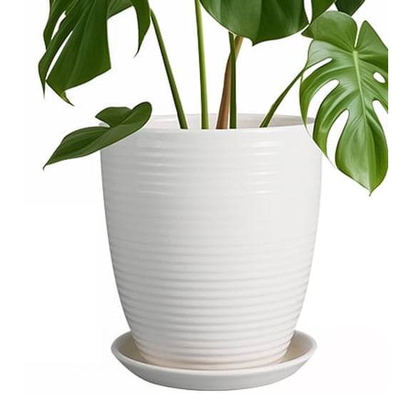 Ordivic 8 Inch White Ribbed Ceramic Plant Pot with Saucer, Round Planter with Drainage Hole, Modern Glossy Indoor Outdoor Flower Pot for Houseplants, Succulents, Ferns, Monstera Decor