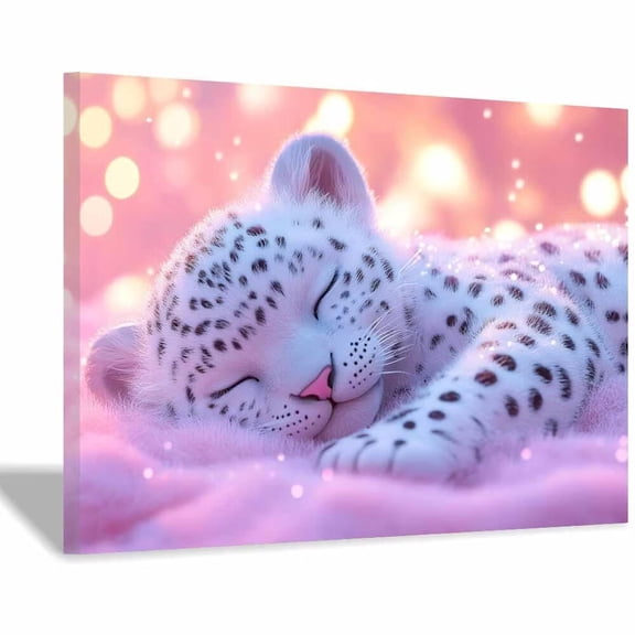 Mudket Framed Sleeping Pink Leopard Cub Canvas Wall Art, Cute Trendy Pink Leopard Wall Art for Girls Bedroom, Animal Print Decor, Ready to Hang - 12"L x 8"W