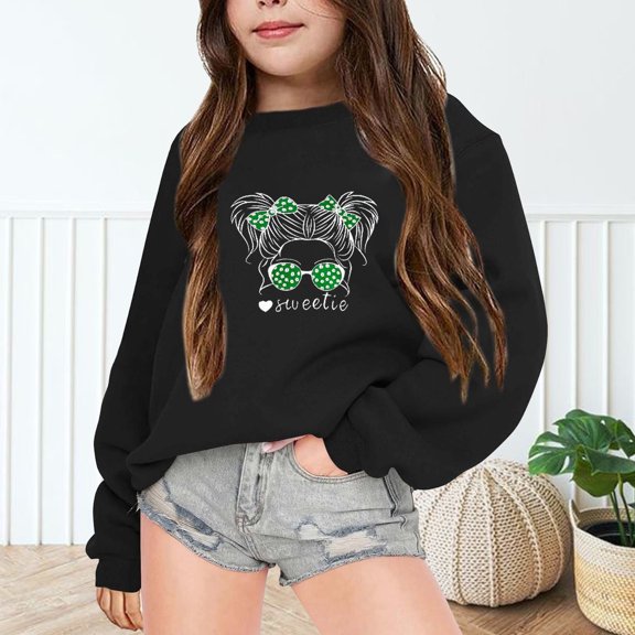 Girls Sweatshirt Girls Letter Print Crew Neck Long Sleeve Pullover Sweatshirt Hoodless Top Black 5-6 Years