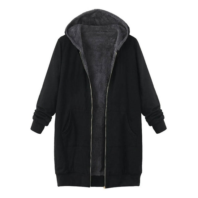 DPTALR Women Plus Size Vintage Solid Fleece Hooded Zipper Long Sleeve Thick Coat Tops