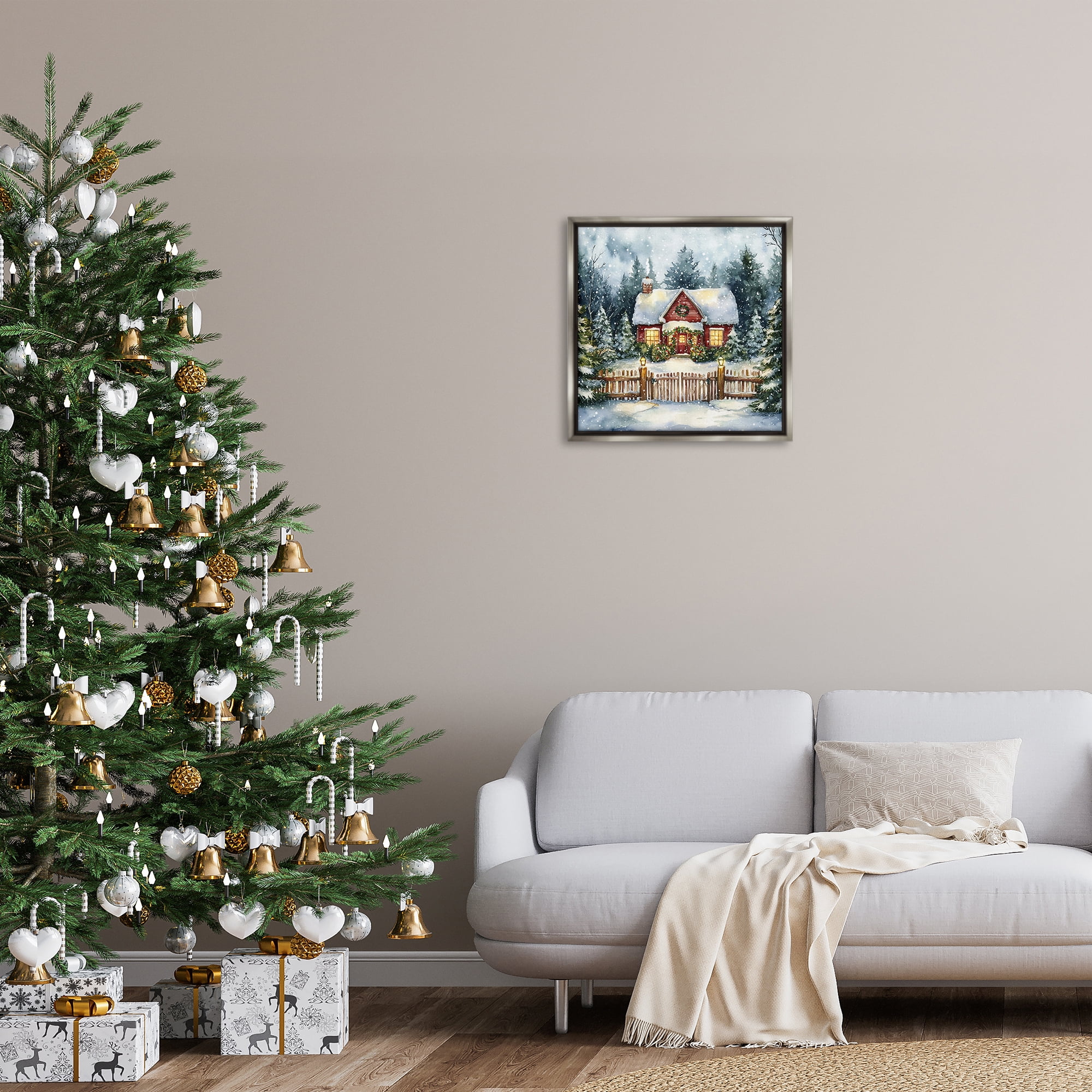 Stupell Industries Scenic Winter Cottage Holiday Painting Gray Floater Framed Canvas Art Prints Wall Art, 25 x 25