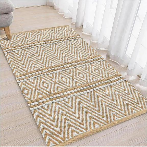 Bedding Craft Natural Ivory Jute Cotton Stripe Area Rug - Eco-Friendly, Machine Washable, 2x3 Ft