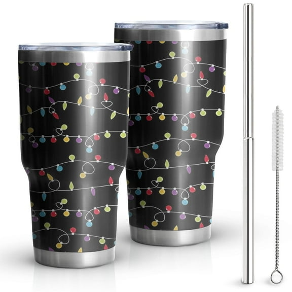 30oz Multicolor Christmas Light Pattern Tumblers Stainless Steel Tumbler with Lid and Straw,Vacuum Insulated Double Wall Travel Tumbler Cups Mug with Cleaning Brush for Coffee,Tea