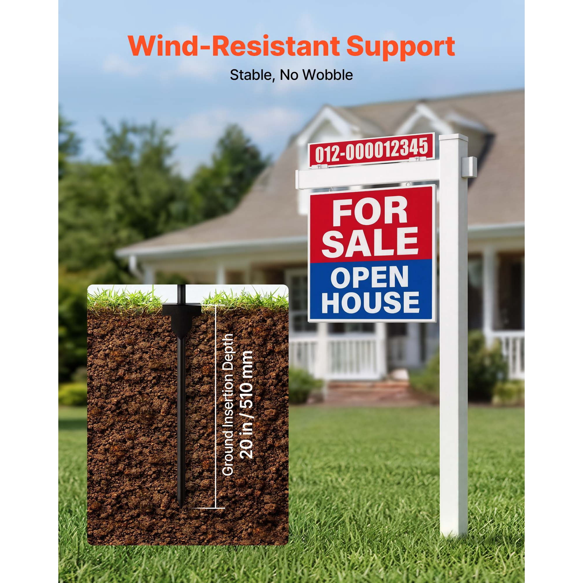 KFFKFF 6 ft Tall PVC Real Estate Sign Post with 36 in Arm, Durable Yard Sign Holder for Outdoor Use, Easy Installation, Wind-Resistant, Suitable for Open Houses, Homes, and Roads, White (No Signs)