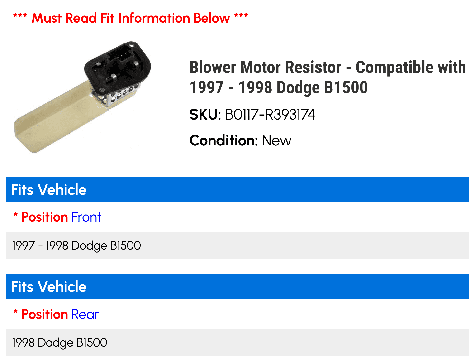 Blower Motor Resistor - Compatible with 1997 - 1998 Dodge B1500