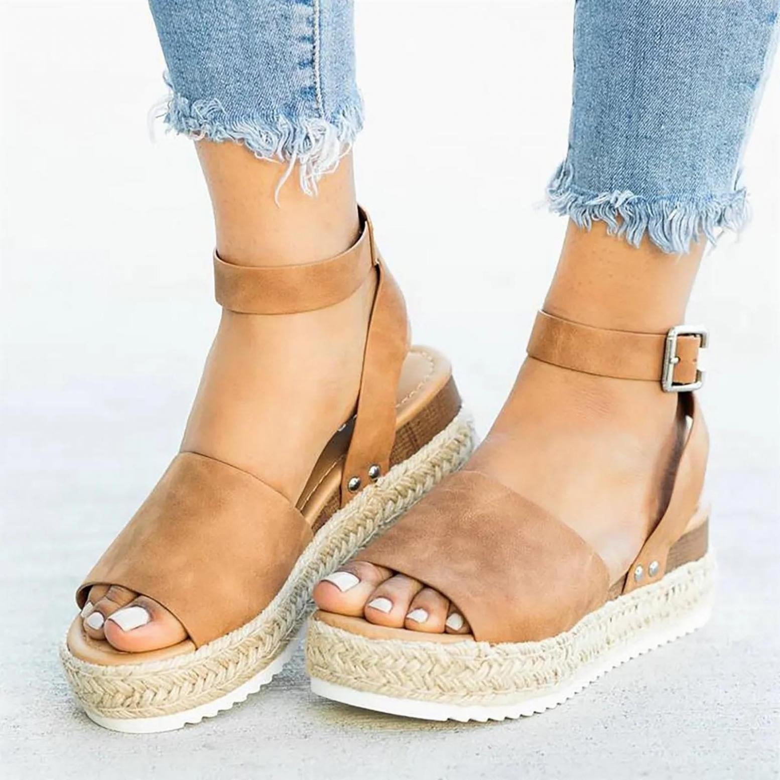 Platform Sandals for Women Comfort Espadrille Flatform Sandal Casual Stretch Ankle Strap Shoes Dressy Vintage Closed Toe Sandals 