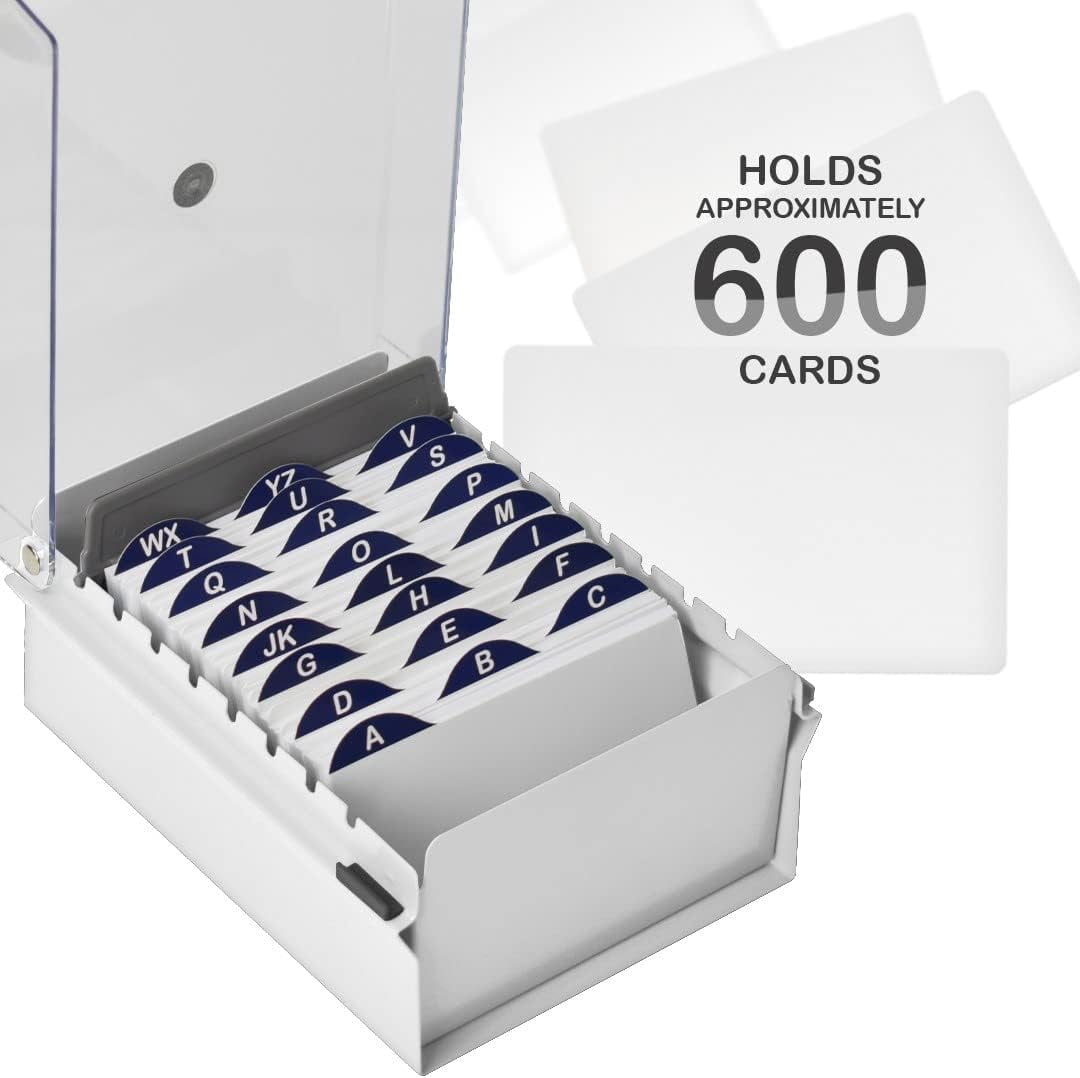 Acrimet 3 x 5 Card File Holder Organizer Box Metal Base Heavy Duty (AZ Index Cards and Divider Included) (White Color with Clear Crystal Plastic Lid Cover)