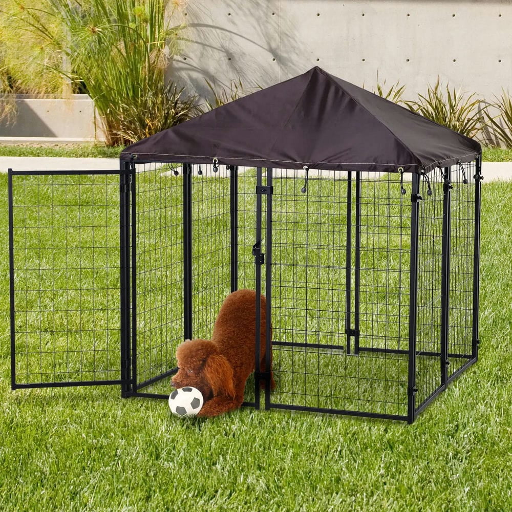 Topcobe 4.6' x 4.6' x 5' Outdoor Dog Kennel, Walk-in Pet Playpen, Welded Wire Steel with Water and UV-Resistant Canopy, Outside Pet Shelter, Small Animal Habitat, Black