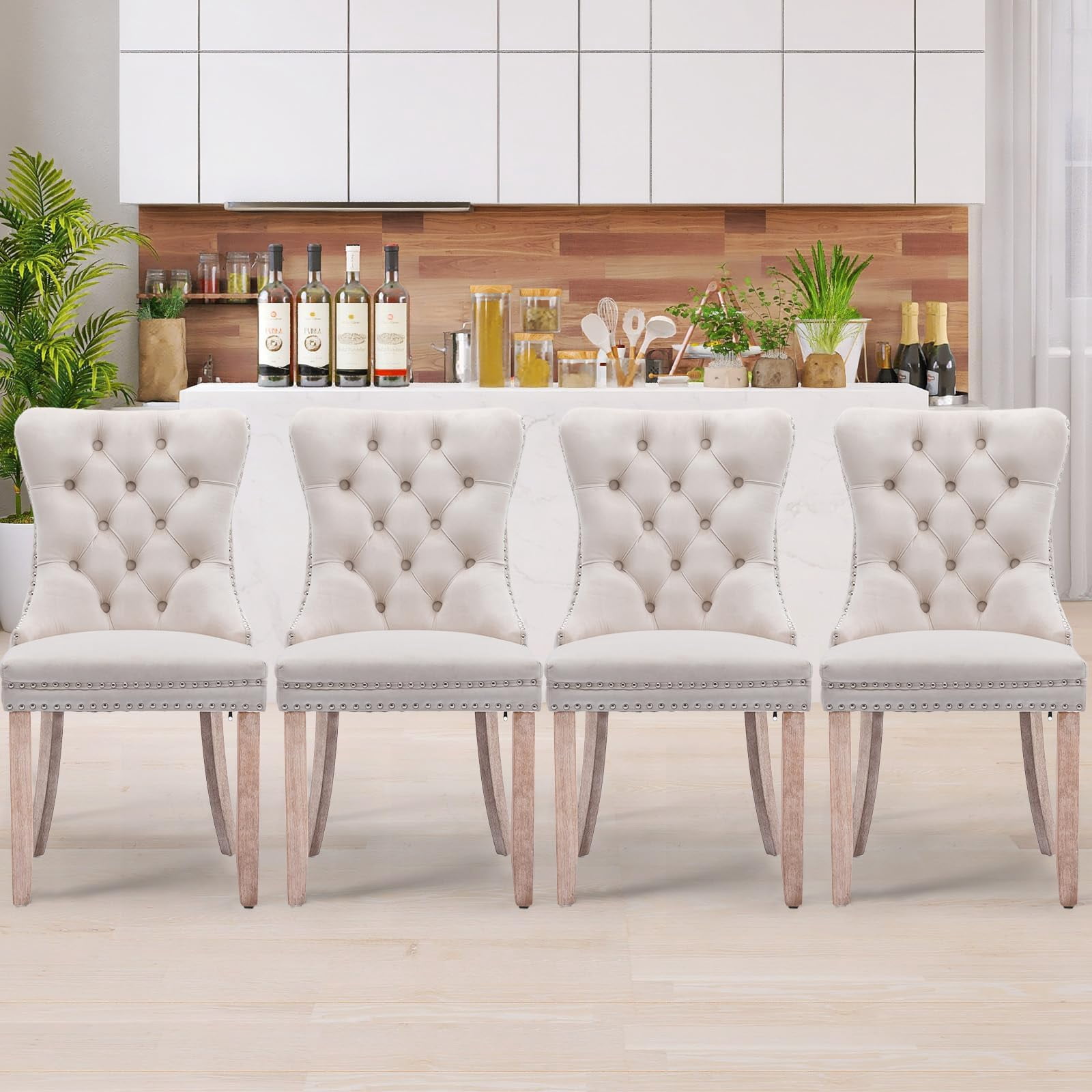 JESTOP Velvet Dining Chairs Set of 4, Tall Back Side Chair, Modern Upholstered High-end Tufted Side Chair with Button Back Ring, Solid Wood Legs (Beige)